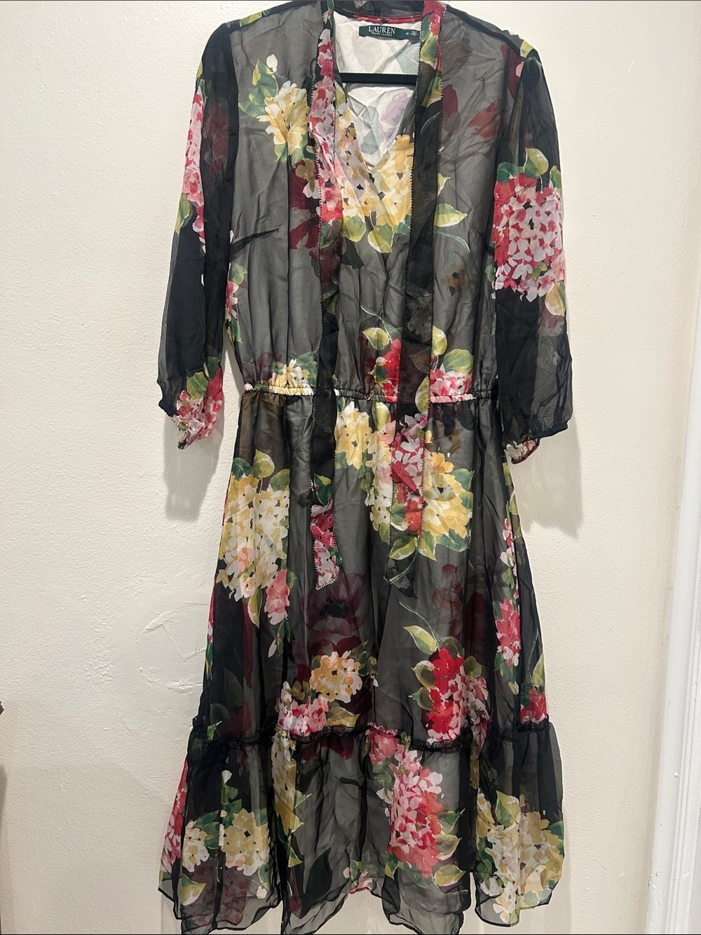Lauren Ralph Lauren Black Sheer Floral Tiered Midi Dress